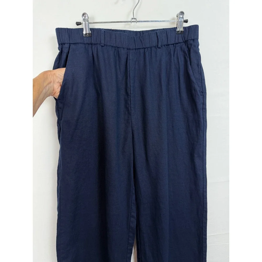 Quince Women 100% Linen Pants Size M Navy Blue Elastic Waist Tapered Trousers